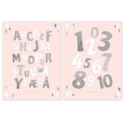Minimalistisk alfabetplakat ABC og tal til pige i pudder