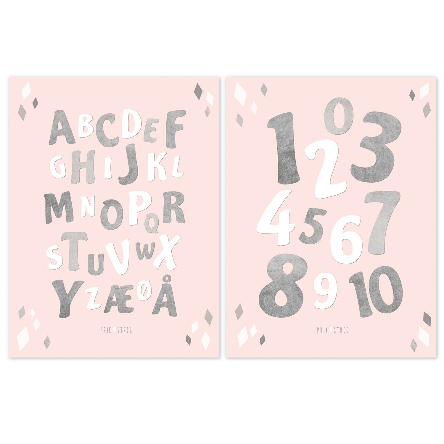 Minimalistisk alfabetplakat ABC og tal til pige i pudder Minimalistisk alfabetplakat ABC og tal til pige i pudder