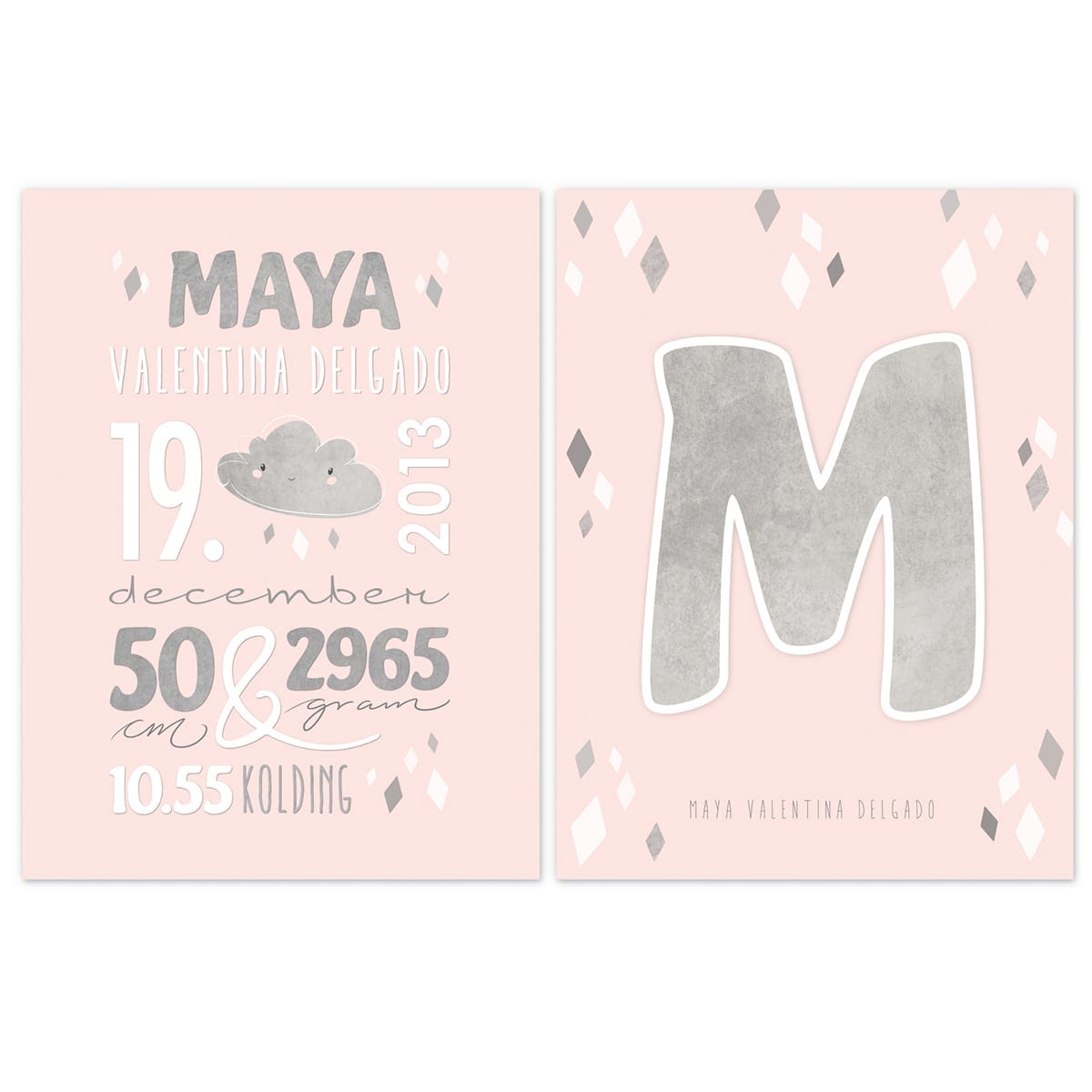 Minimalistisk Navneplakat og forbogstav til pige i pudder Minimalistisk Navneplakat og forbogstav til pige i pudder