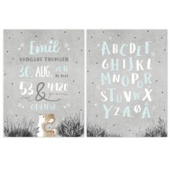 Navnetavle og alfabetplakat ABC i nordisk design - akvarel grå og mint