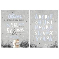 Navnetavle og alfabetplakat ABC i nordisk design - akvarel grå og pastel blue