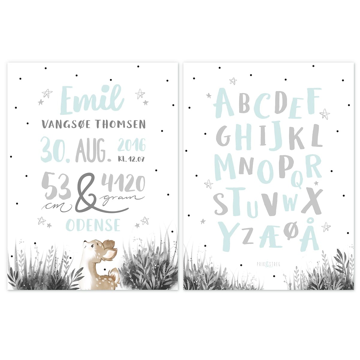 Navnetavle og alfabetplakat ABC i nordisk design - hvid og mint Navnetavle og alfabetplakat ABC i nordisk design - hvid og mint
