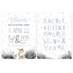 Navnetavle og alfabetplakat ABC i nordisk design - hvid og pastel blue