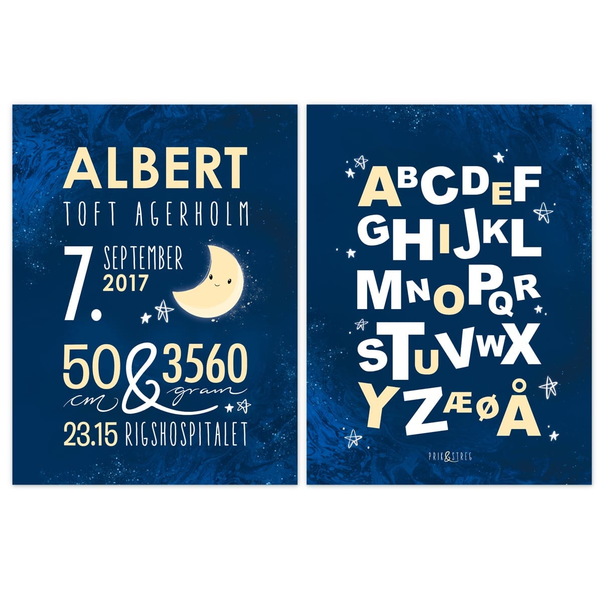 Blue Moon Navnetavle Navneplakat og abc plakat fra PRIK & STREG Blue Moon Navnetavle Navneplakat og abc plakat fra PRIK & STREG